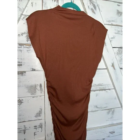 Michael Stars Gia Rib Knit Mock Neck Ruched Mid Legnth Dress M Cap Sleeve Rust - Picture 9 of 11